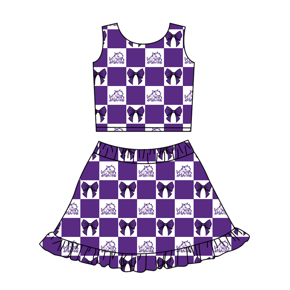 CUSTOM MOQ 5 Sibing Kids Clothing for Girls Baby Girls Purple Bow Top Skirts Yoga Active Team Clothes Sets Knee Length Dress Shorts