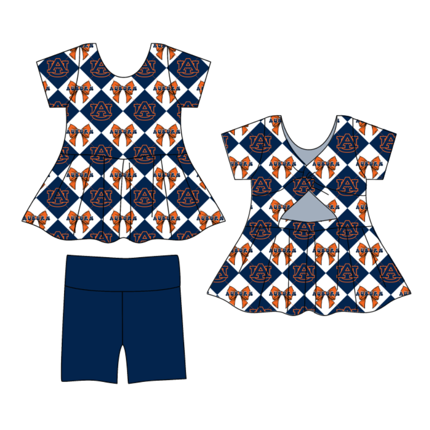 CUSTOM MOQ 5 Baby Girl Clothes Dark Blue Bow Team Short Sleeve Shorts Yoga Active Clothes Sets
