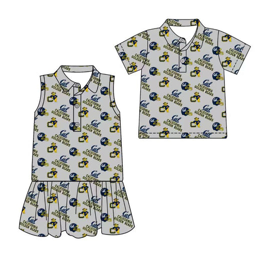 3.17 CUSTOM MOQ 5 Sibling Boys Baby Girls Summer Fashion Short Sleeve Gray Button Polo Shirts Sleeveless Dress Team Clothes Sets