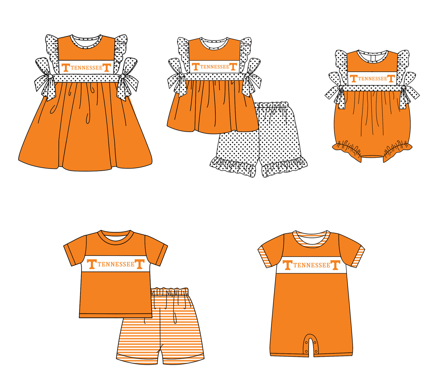 CUSTOM MOQ 5 Sibling Boys Baby Girls Orange Polka Dots Top Shorts Clothes Set Knee Length Dress Rompers