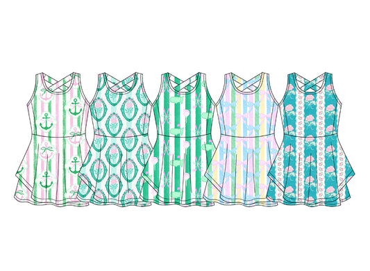 CUSTOM MOQ 5 Sibling Baby Girls Summer Green Knee Length Active Wear Athletic Dresses