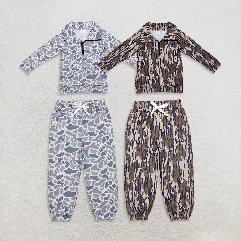 USA Warehouse (IN STOCK)  Boys Camouflage Zip Pullover Long Sleeve Hunting Pants with Elastic Waist And Pockets for Kids