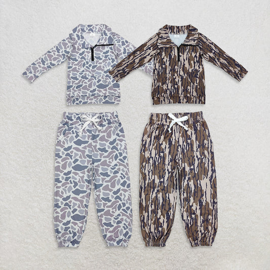 USA Warehouse (IN STOCK)  Boys Camouflage Zip Pullover Long Sleeve Hunting Pants with Elastic Waist And Pockets for Kids