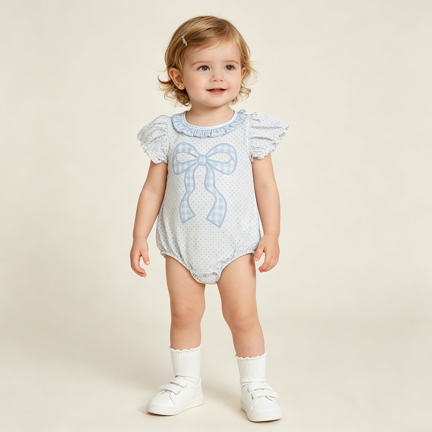SR4089 RTS NO MOQ （In stock）Short sleeves polka dots bow baby girls summer romper