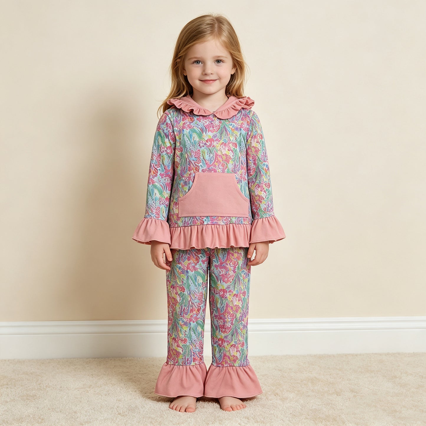 RTS NO MOQ milk silk GLP3519 Baby Girls Sea Plants Pocket Ruffle Hoodie Top Pants Sets