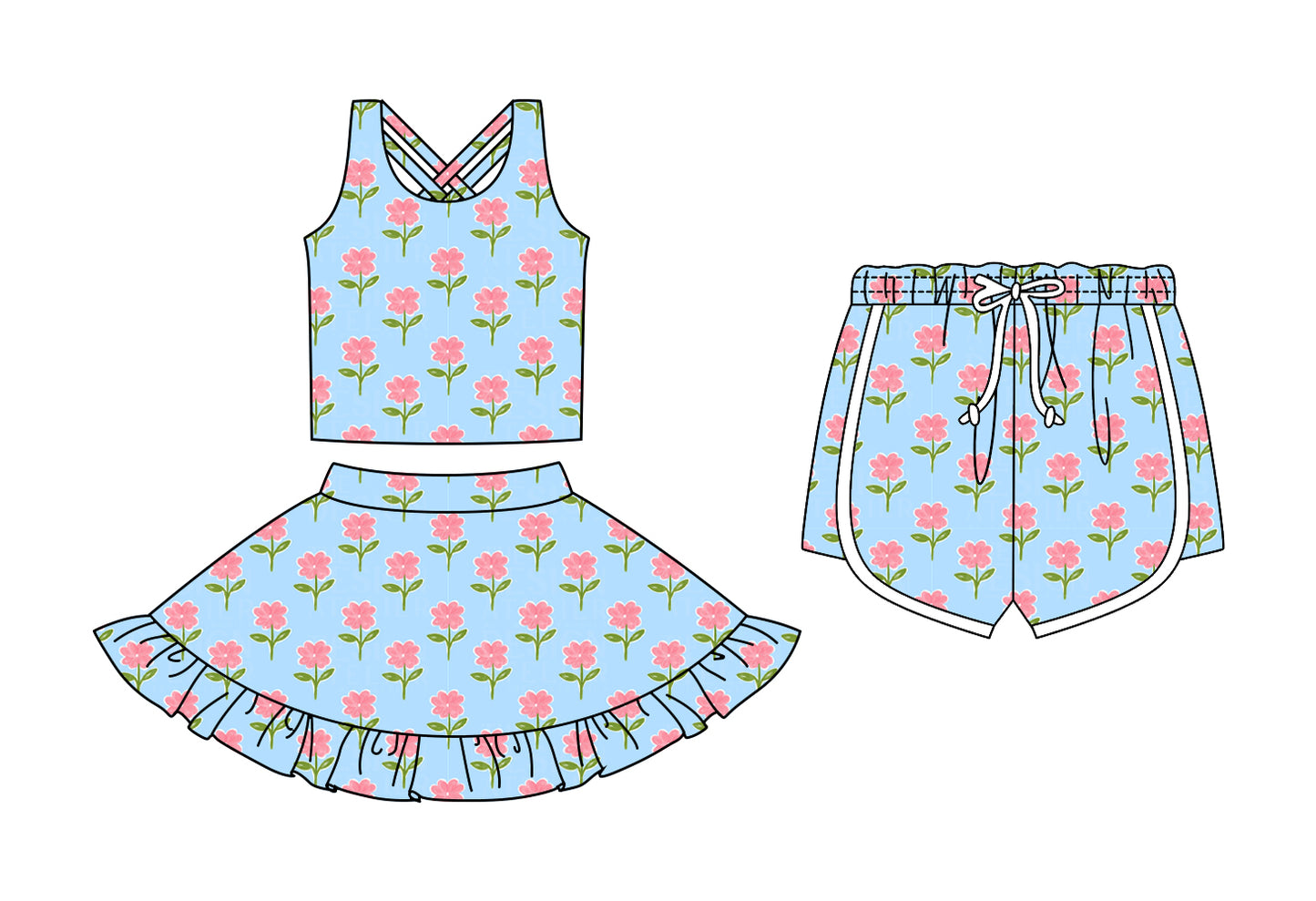 CUSTOM MOQ 5 Sibling Baby Girls Sleeveless Blue Flowers Skirt Bottom Shorts Yoga Active Clothes Sets