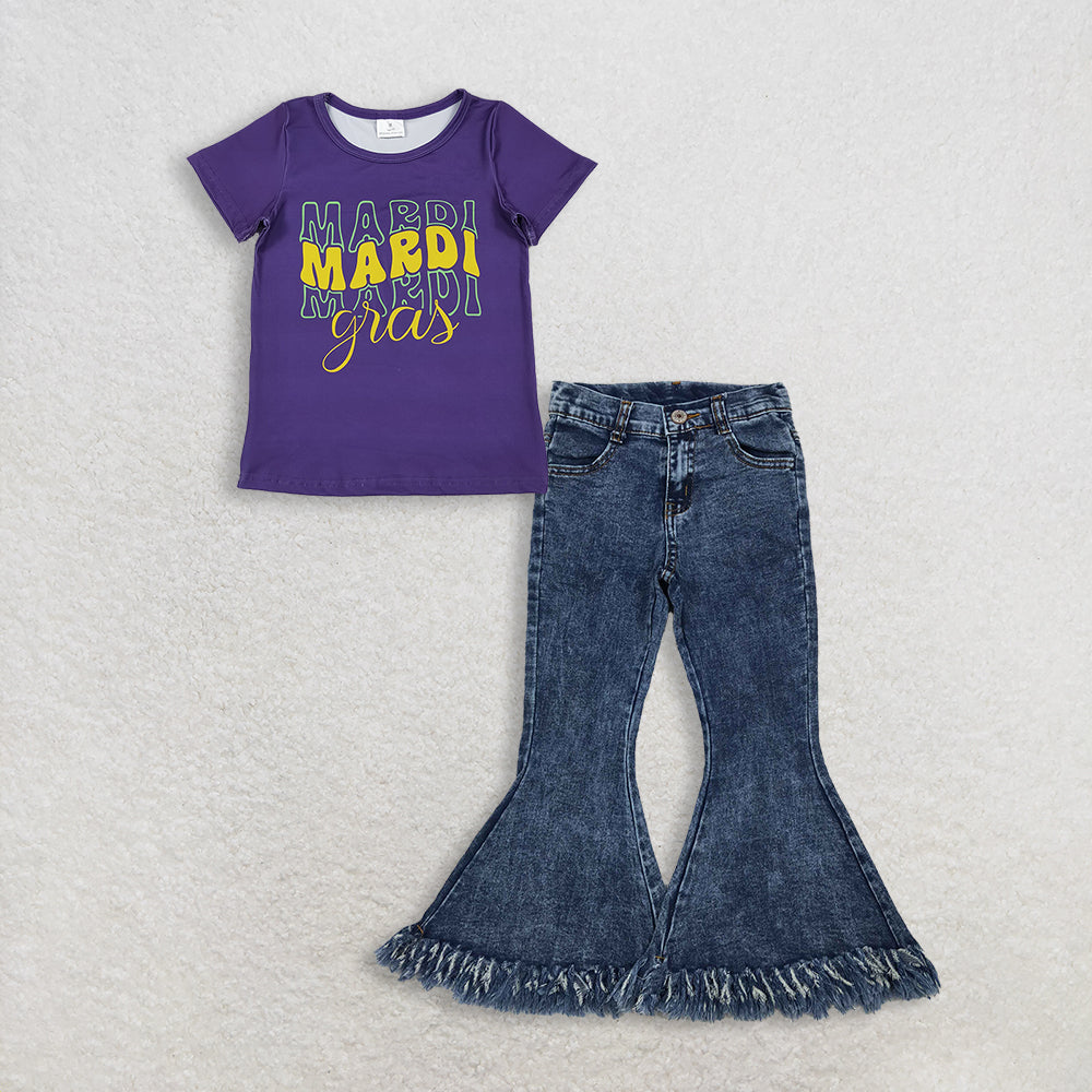 3.3 RTS NO MOQ （In stock）GT1253 + P0132 Baby Girls Summer Purple Short Sleeve Mardigras Tee Shirts Top Denim Jeans Pants Clothes Sets
