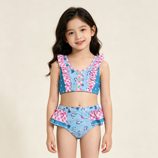 4.11 S0777 RTS NO MOQ （In stock ）Baby Girls Sleeveless Flowers Button Vest Top Bummies Short Swimsuits
