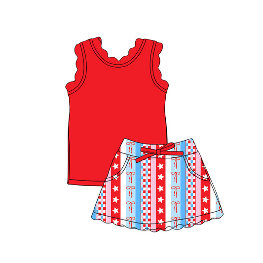 CUSTOM MOQ 5 Baby Girls Red Bow Star Sleeveless Top Skirt Shorts Yoga Active Clothes Sets