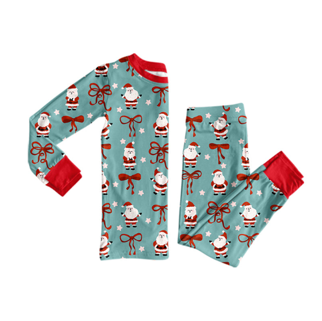 (Preorder new) No moq Baby Girls Santa Bow Star Print Long Sleeve Christmas Pajama Set Romper Blankets