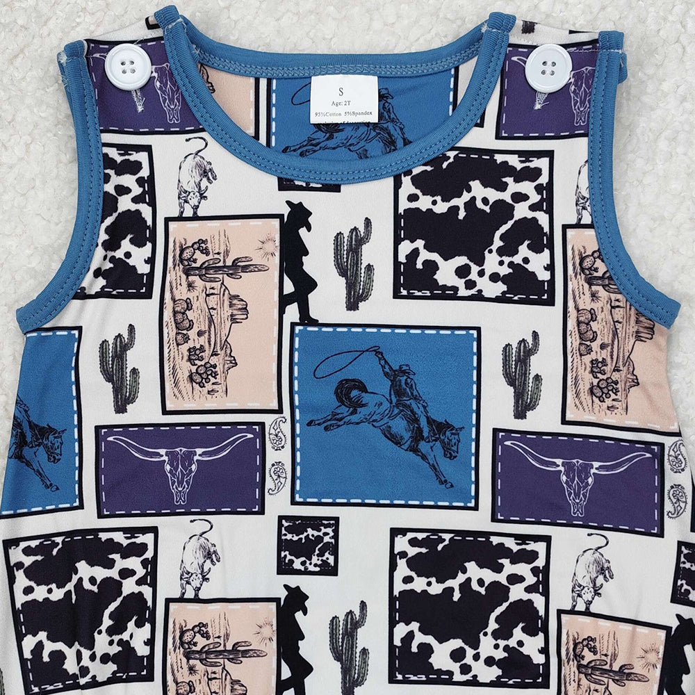 SR2700Cactus Rodeo Western Sleeveless Romper for Baby Boy Comfortable Breathable Summer Outfit with Cactus Print