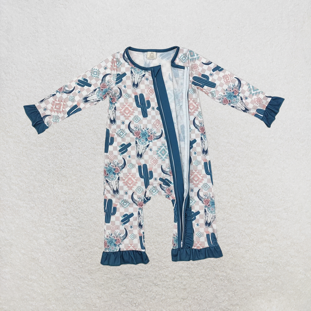 LR1446RTS NO MOQ Baby Girls Winter Rompers Plaid cactus bull skull floral baby girls zipper romper