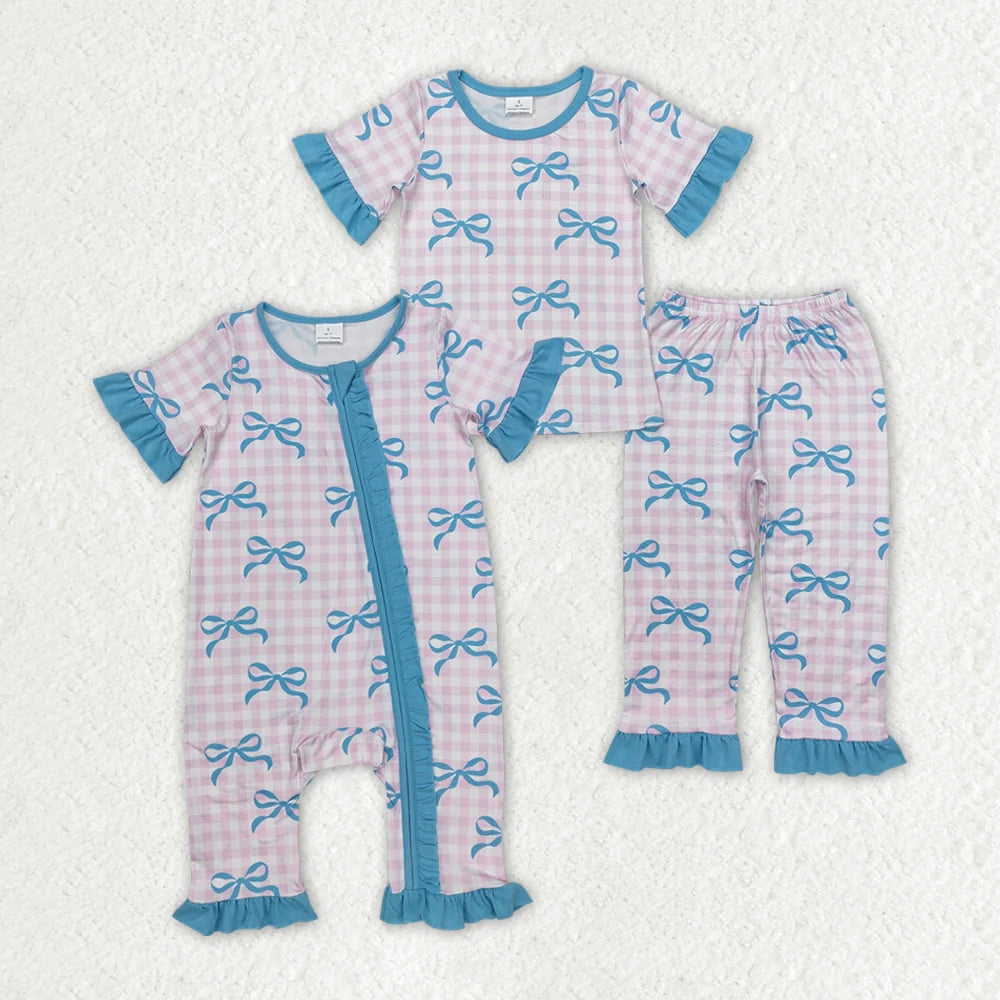 12.15 RTS Sibling Baby Girls Pink Checkered Bows Rompers Pajamas Sets