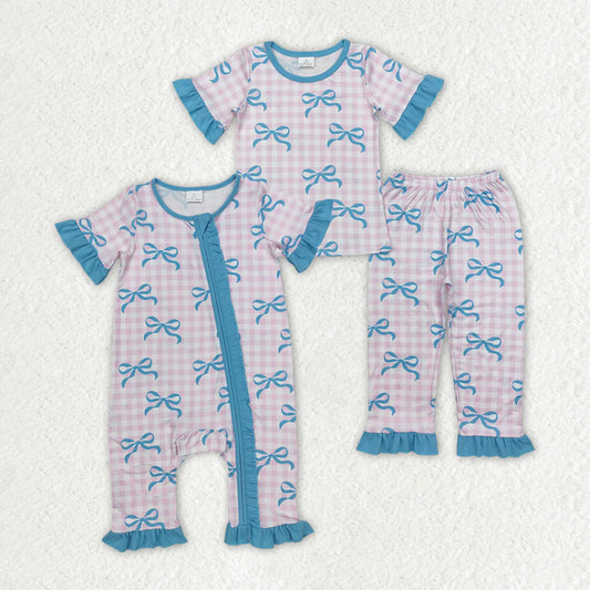 12.15 RTS Sibling Baby Girls Pink Checkered Bows Rompers Pajamas Sets