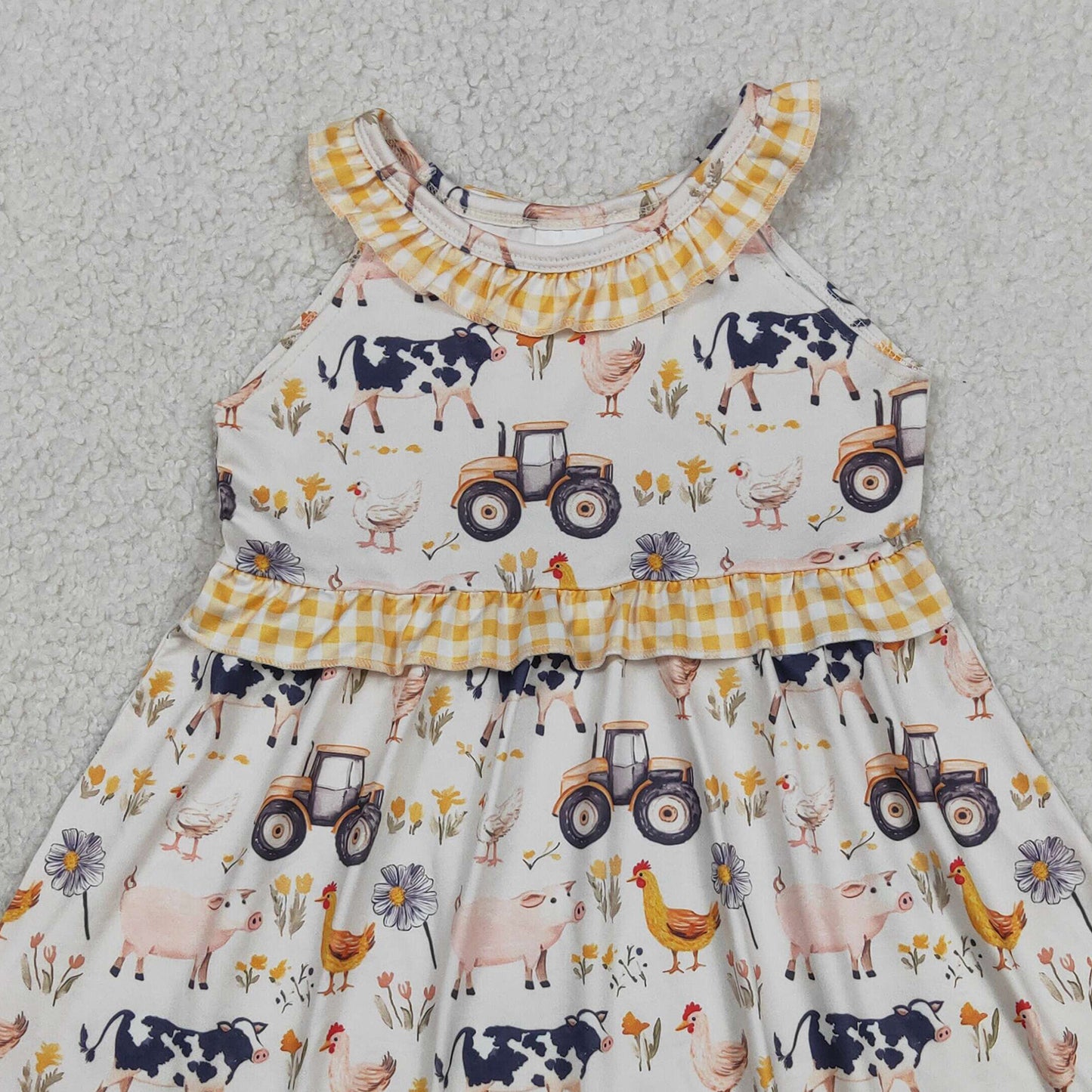 GSD3476 RTS NO MOQ （In stock ）Yellow plaid ruffle farm kids girls summer dresses