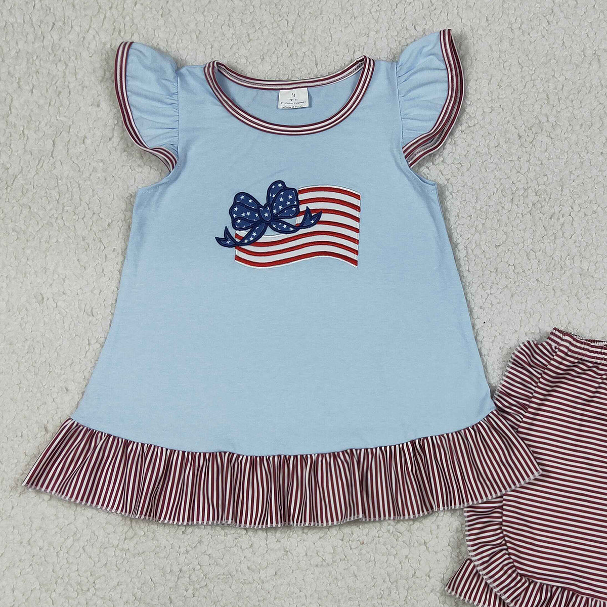 4.11 GSSO3278 RTS NO MOQ （In stock ）Flutter sleeves flag bow stripe shorts girls 4th of july outfit