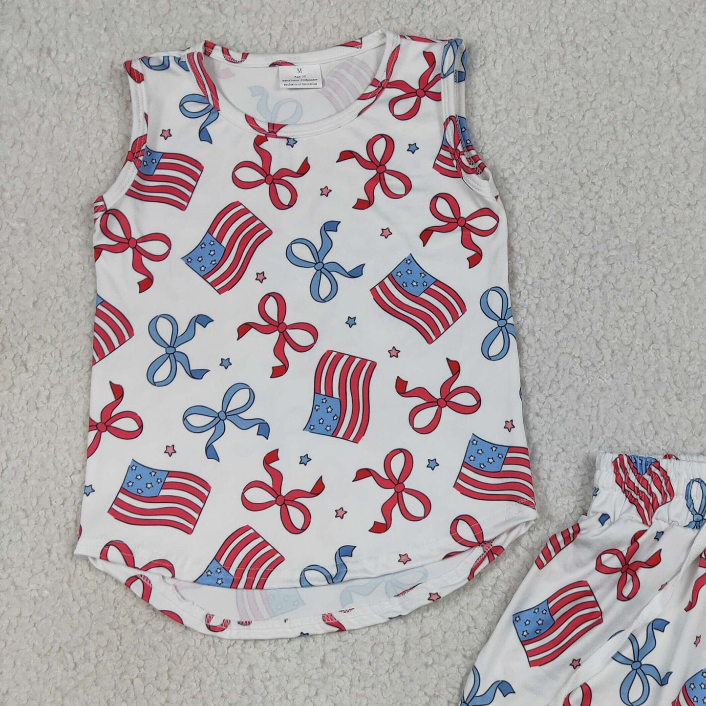 GSSO3520 RTS NO MOQ （In stock）Sleeveless bow flag top shorts kids girls 4th of july outfits