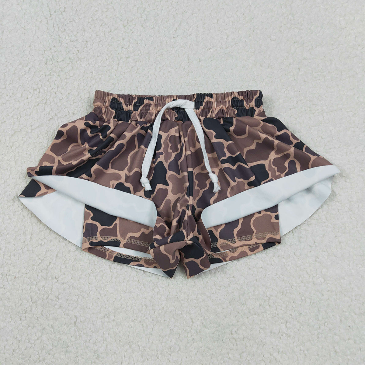 1.6 RTS NO MOQ （In stock）SS0767 Adult Women Southern Brown Camo Yoga Active Ruffle Shorts Bottom