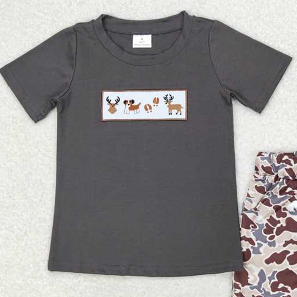 5.19  BSSO0969  RTS NO MOQ Deer dog top camo shorts kids boys clothing