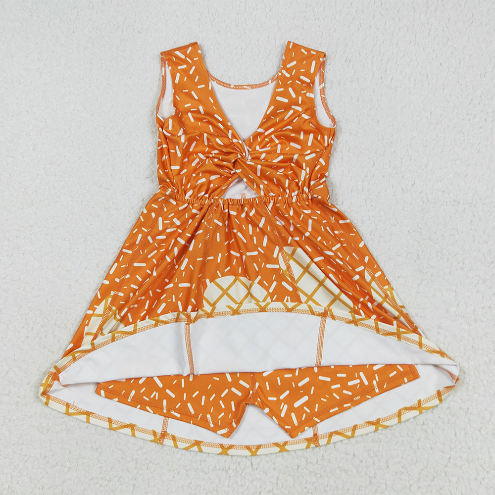 RTS NO MOQ （In stock）GSD2750 Baby Girls Summer Yoga Dress Baby Girls Orange Drip Sprinkles Team Yoga Active Knee Length Dresses