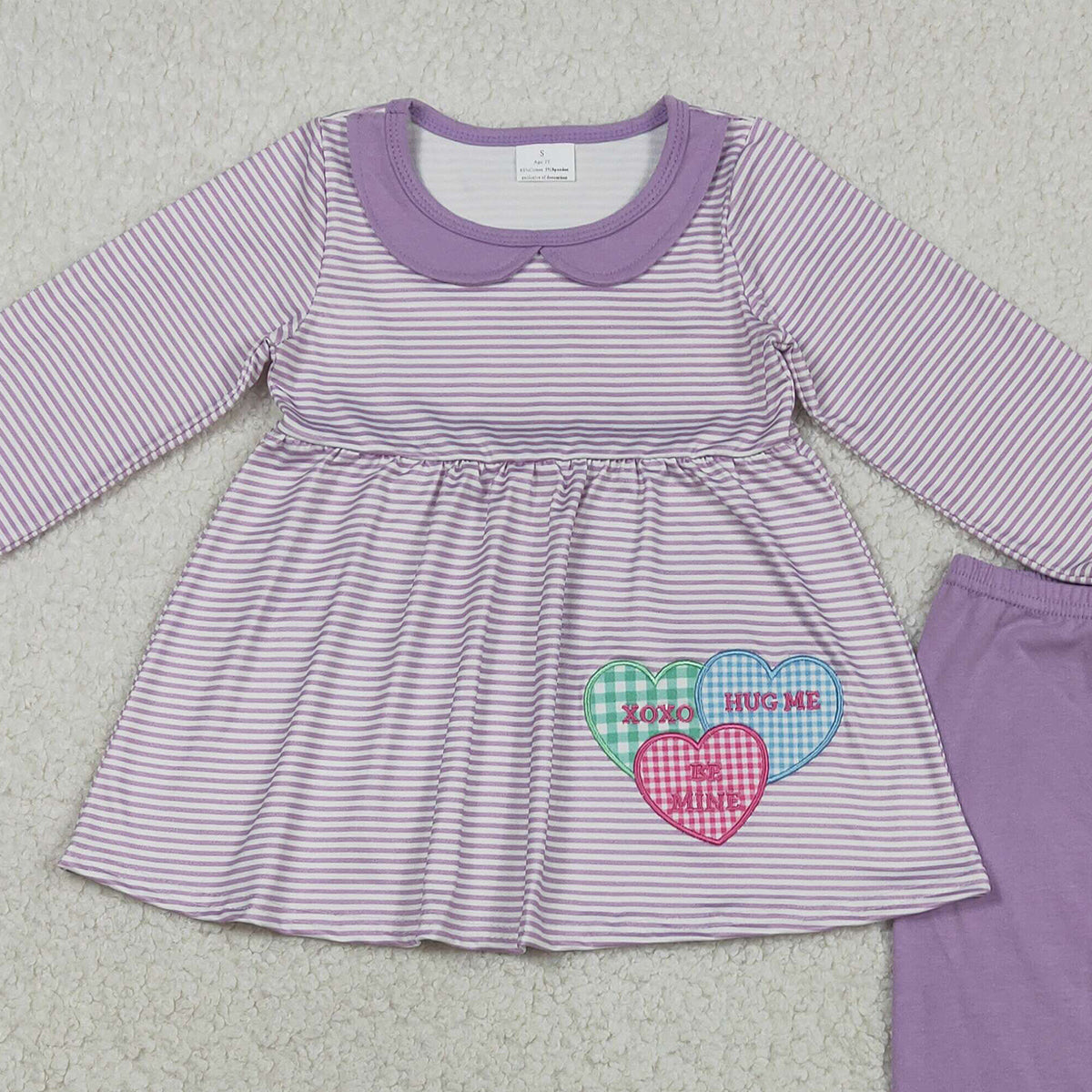 1.23 RTS NO MOQ （In stock）GLP3262 Embroidery XOXO Hearts Baby Girls Stripe Collar Tunic Leggings Valentines Clothes Set