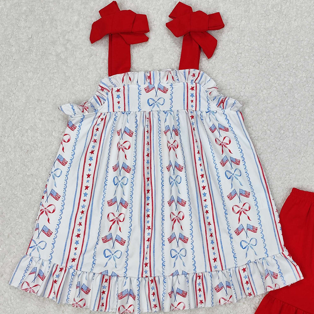 GSSO1786New Rts No Moq 8-9 Days By Air Arrived it Red straps flag bow tunic shorts girls 4th of july outfits