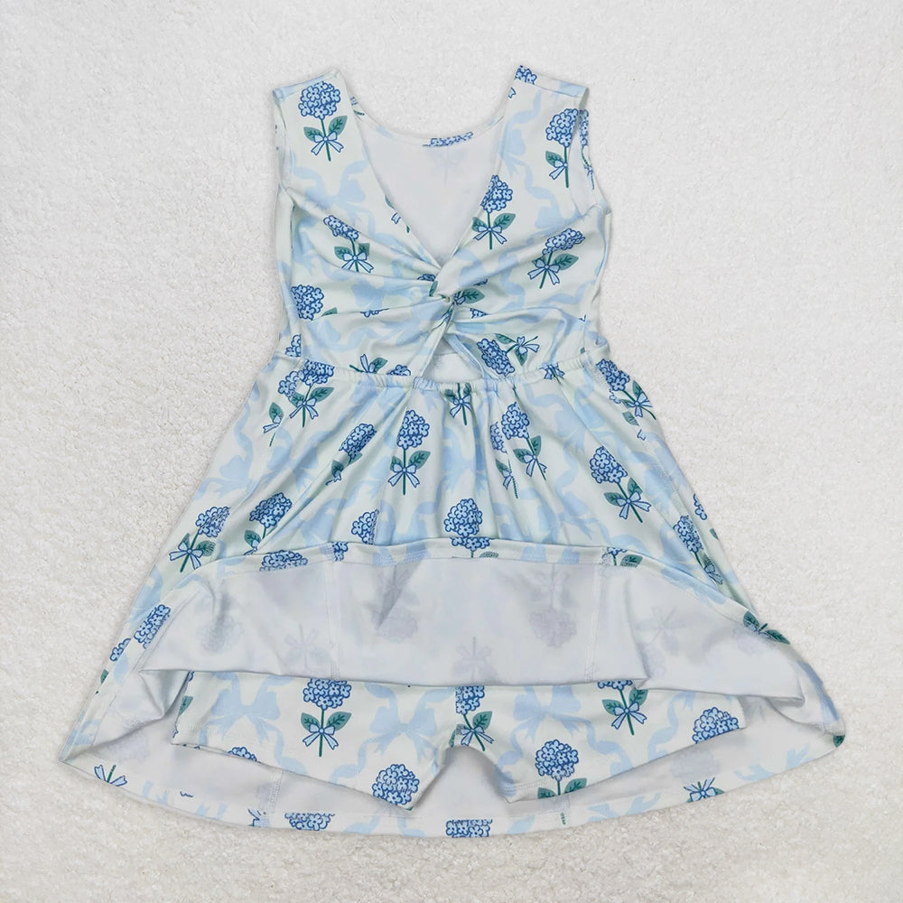 GSD1944RTS NO MOQ Baby Girls Summer Yoga Dress Light Blue Sleeveless Bow Floral Baby Girls Athletic Dresses - Soft Cotton Comfortable Fit for Active Kids