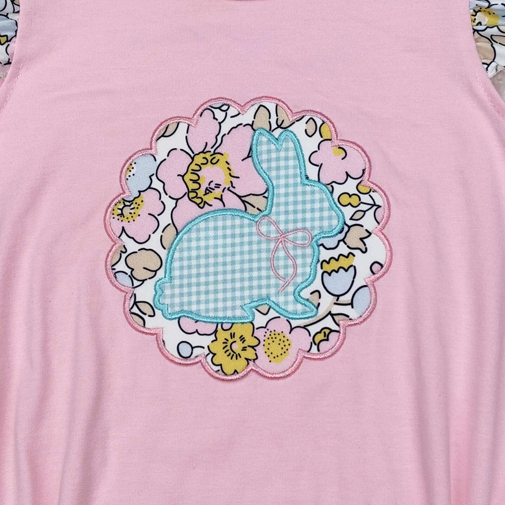 SR2054Pink Floral Bunny Baby Girls Romper with Flutter Sleeves Easter Outfit for Infants