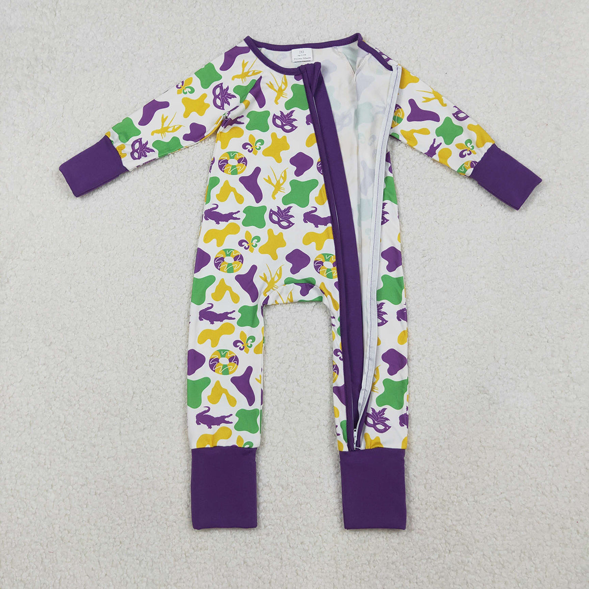 10.15 RTS NO MOQ （In stock）LR2637 Baby Boys Winter Rompers Baby Boys Camo Crayfishes Mardigras Zipper Footie Rompers