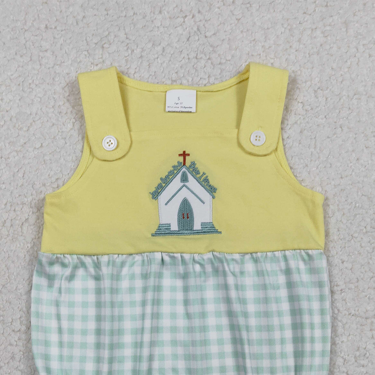 1.14 RTS NO MOQ （In stock）SR3703 Embroidery Church Cross Baby Boys Sleeveless Checked Rompers