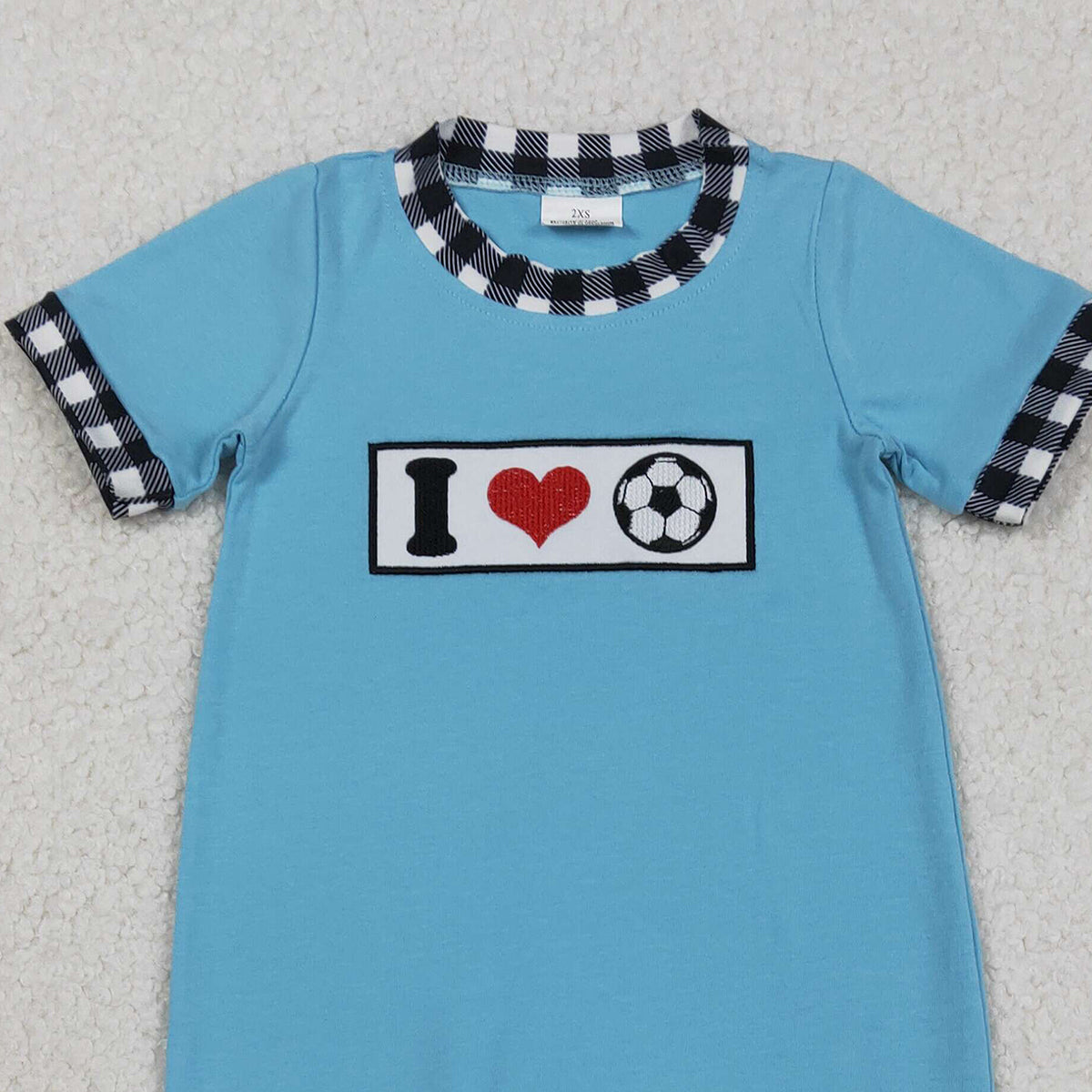 12.16 RTS NO MOQ （In stock）SR3369 Baby Boys Rompers Embroidery I Love Footballs Baby Boys Team Footie Rompers