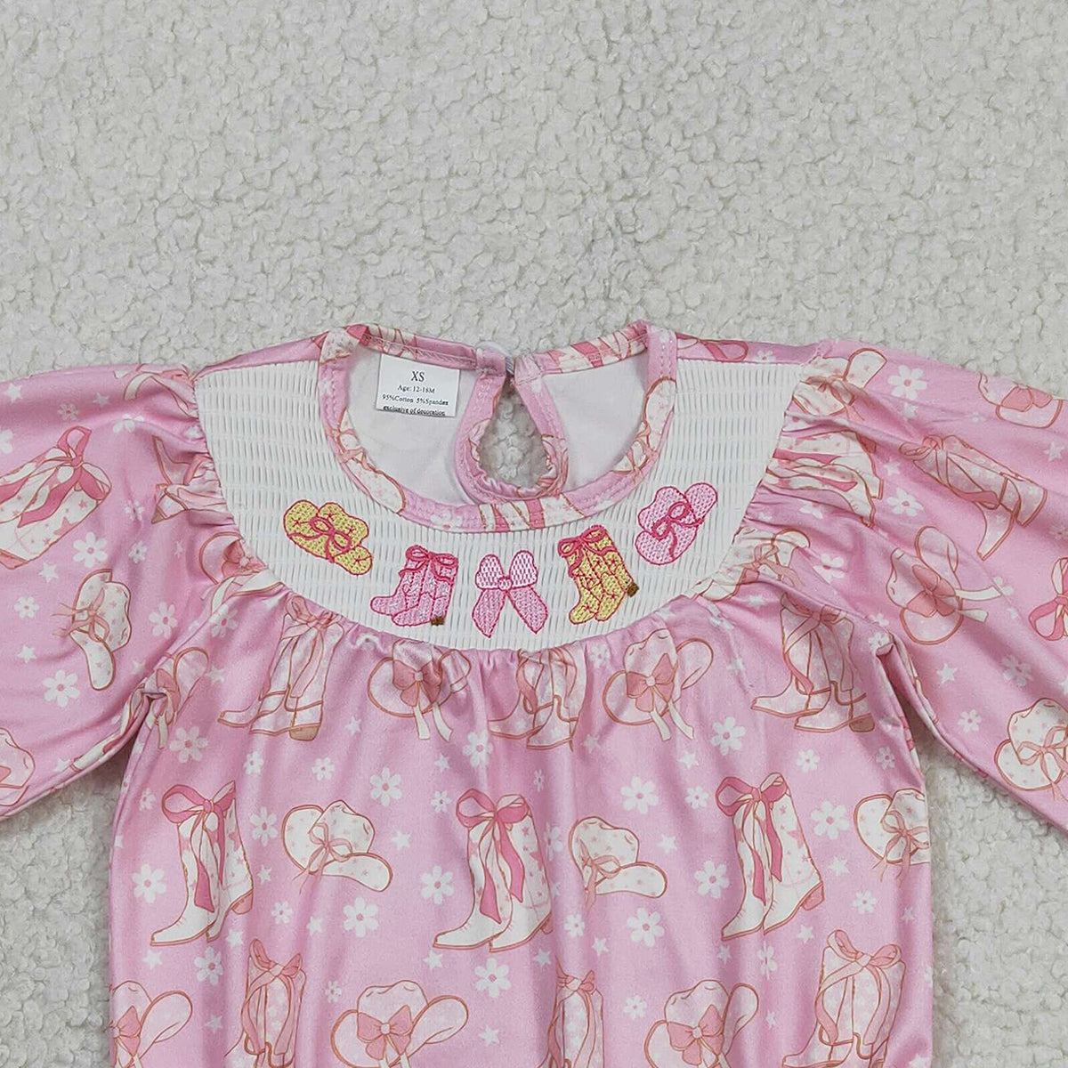 12.29 RTS NO MOQ （In stock）LR2938 Baby Girls Winter Rompers Smocked Boots Bows Baby Girls Pink Flowers Western Ruffle Rompers