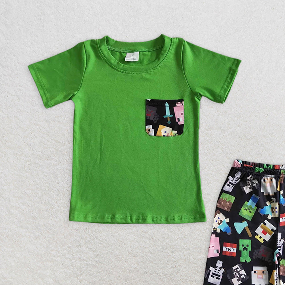BSSO0078 RTS NO MOQ Baby Boys Summer Boys Outfits Baby boys cartoon green pocket shorts sets