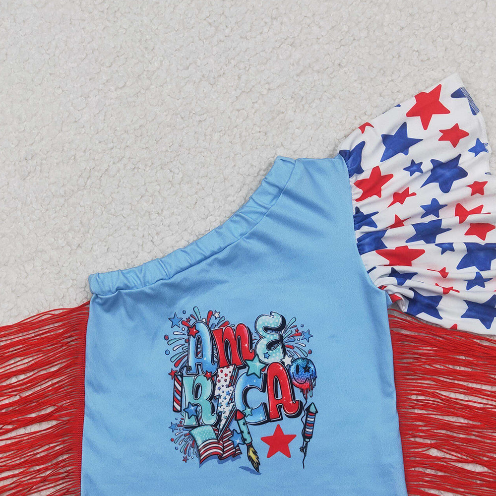 4.12 GT0942 RTS NO MOQ Baby Girls Summer Tops One shoulder stars tassels American girls 4th of july shirt