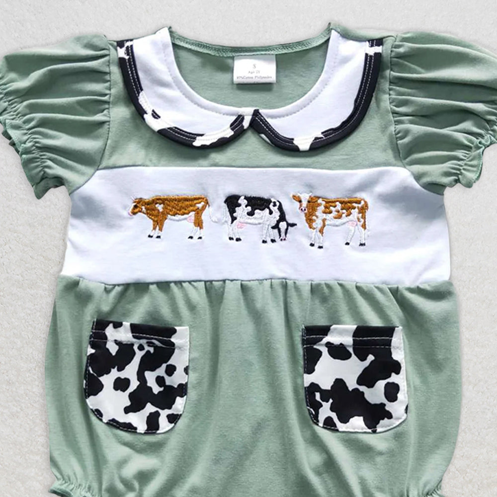 SR0373 RTS NO MOQ  Baby Girls Summer Rompers Baby Girls Cow Green Color Rompers