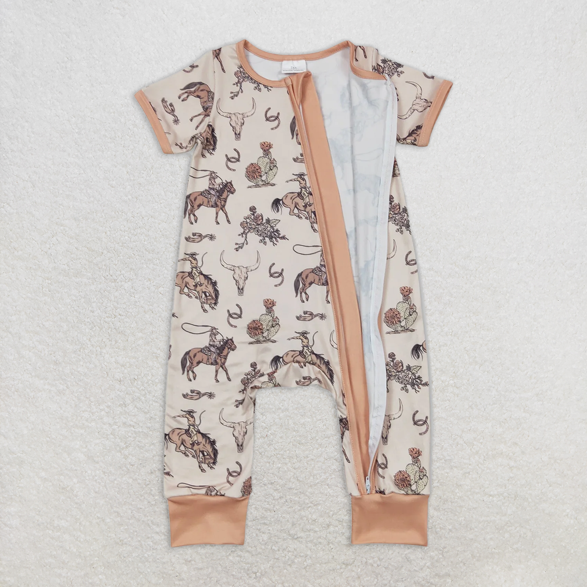 SR1220RTS NO MOQ Short sleeves rodeo bull skull baby western zipper romper