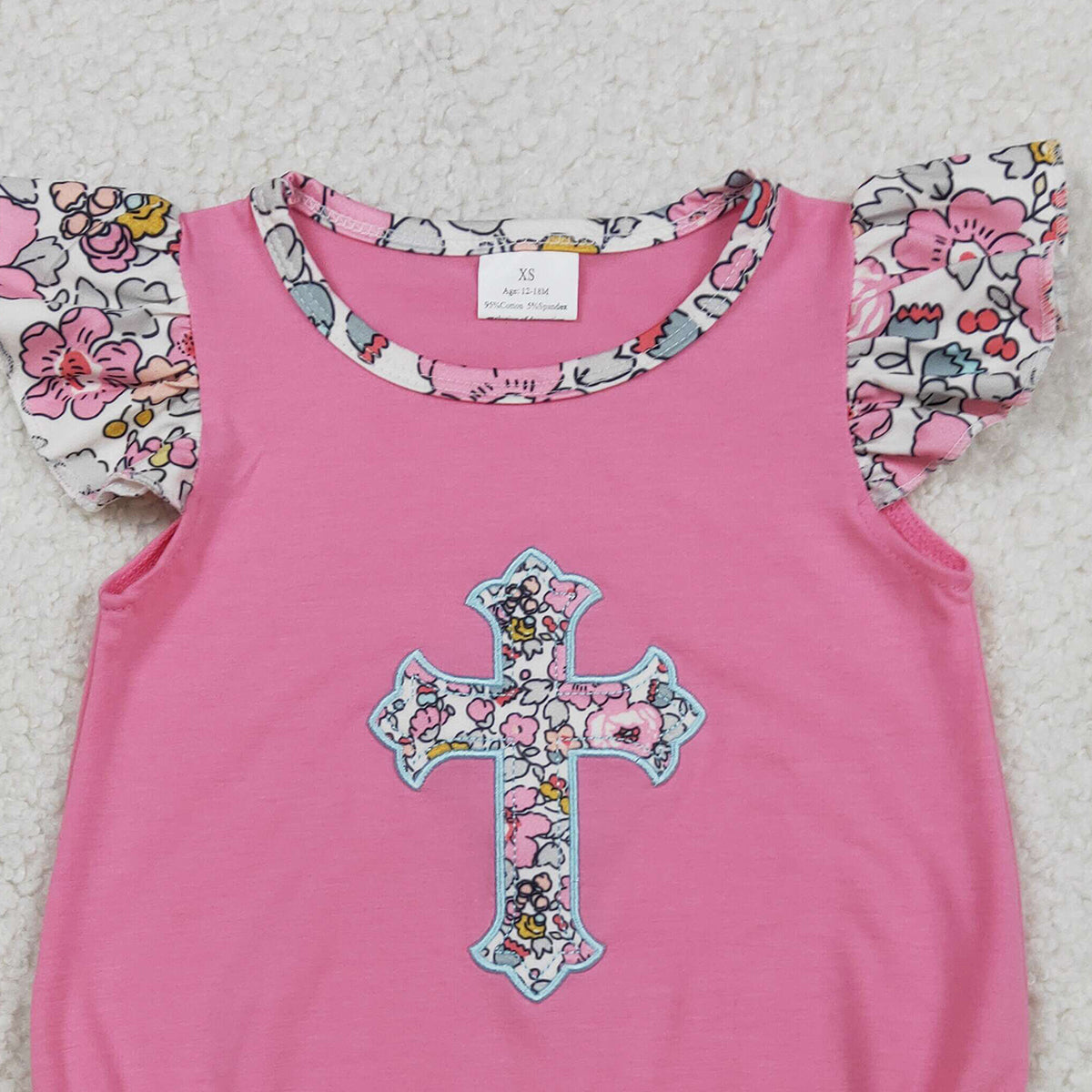 1.27 RTS NO MOQ （In stock）SR3845 Embroidery Floral Crosses Baby Girls Flutter Sleeve Easter Ruffle Rompers