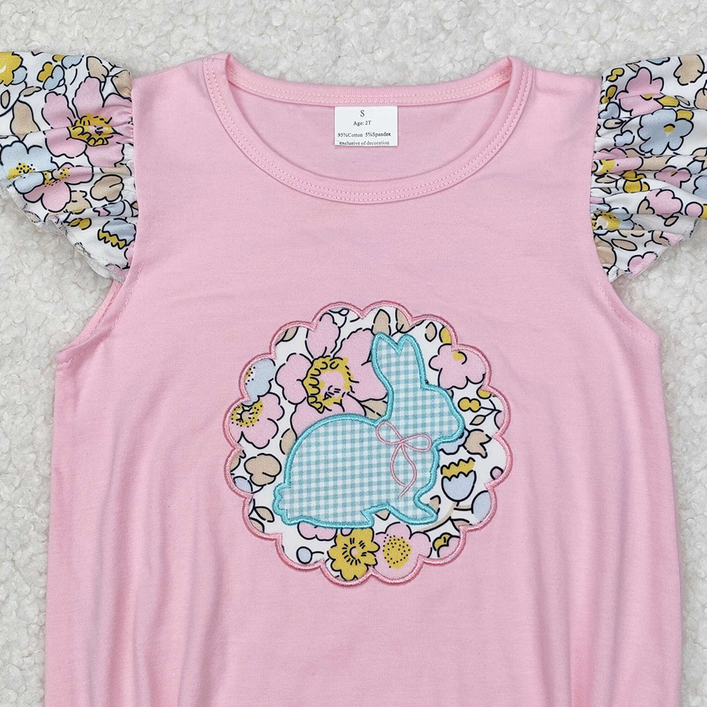 SR2054Pink Floral Bunny Baby Girls Romper with Flutter Sleeves Easter Outfit for Infants