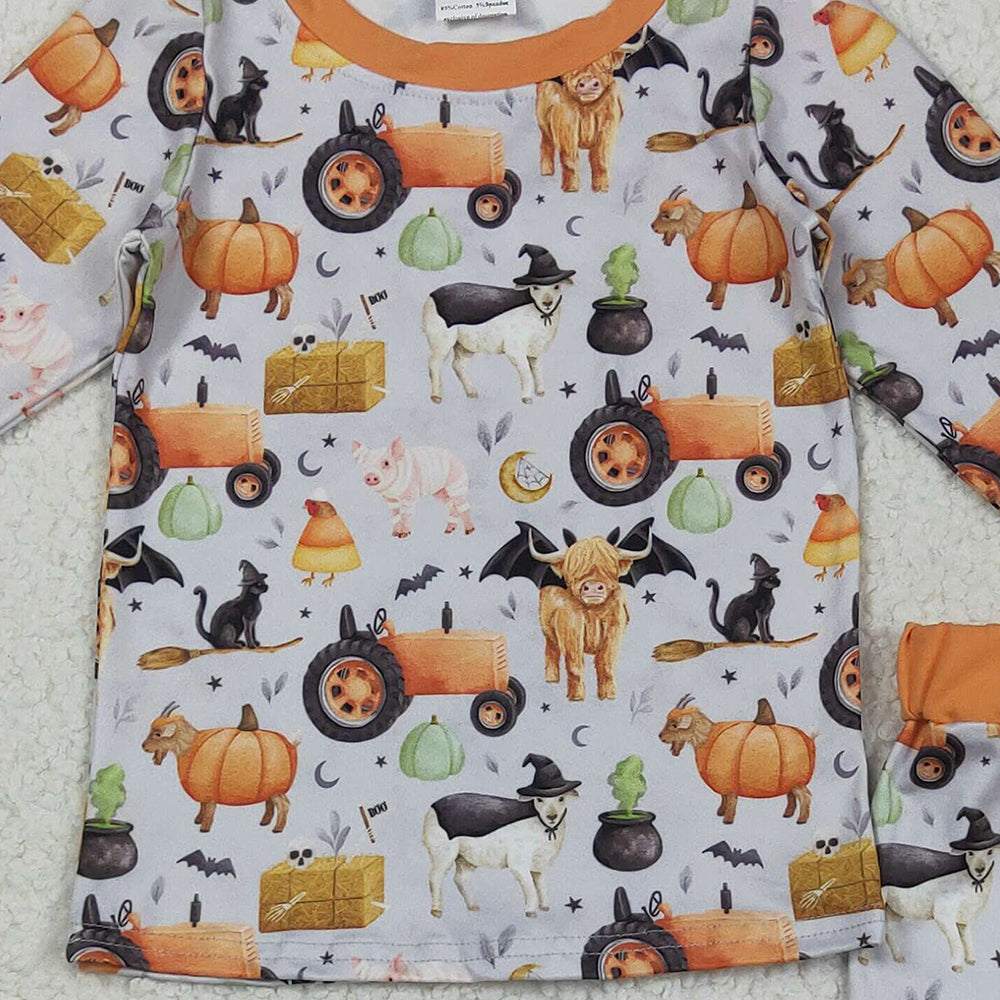 RTS NO MOQ （In stock）BLP1179 Baby Boys Winter Outfits Baby Boys Bats Farm Pumpkins Top Pant Halloween Pajamas Set