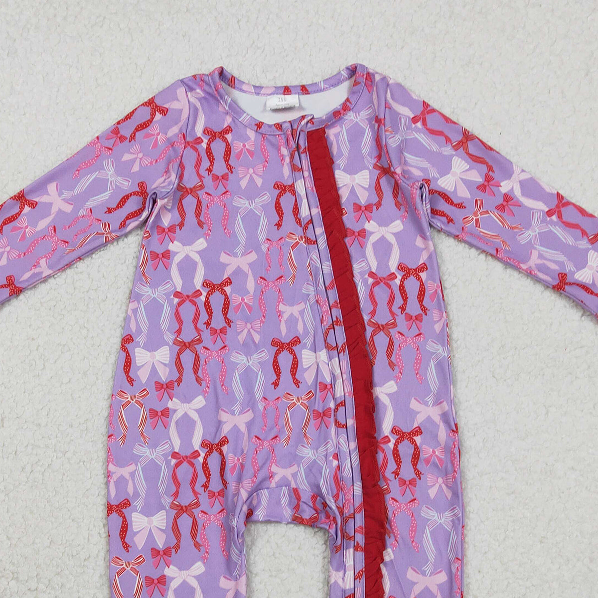 11.11 RTS NO MOQ （In stock）LR2610 Baby Girls Winter Rompers Baby Girls Hot Pink Bows Plaid Ruffle Zipper Footed Rompers