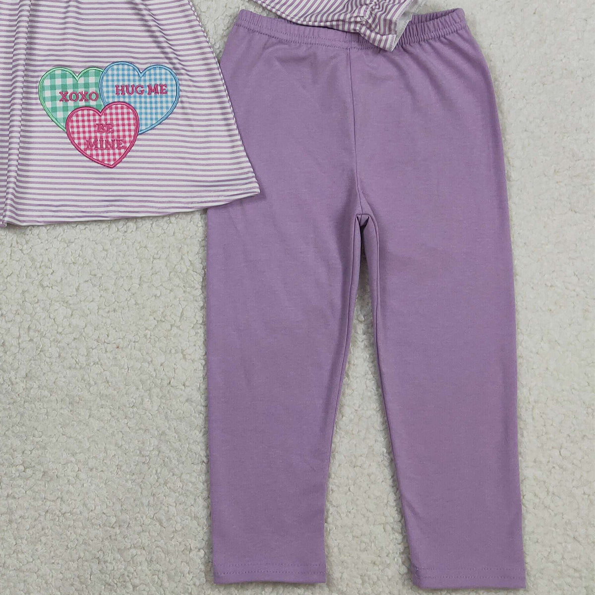 1.23 RTS NO MOQ （In stock）GLP3262 Embroidery XOXO Hearts Baby Girls Stripe Collar Tunic Leggings Valentines Clothes Set