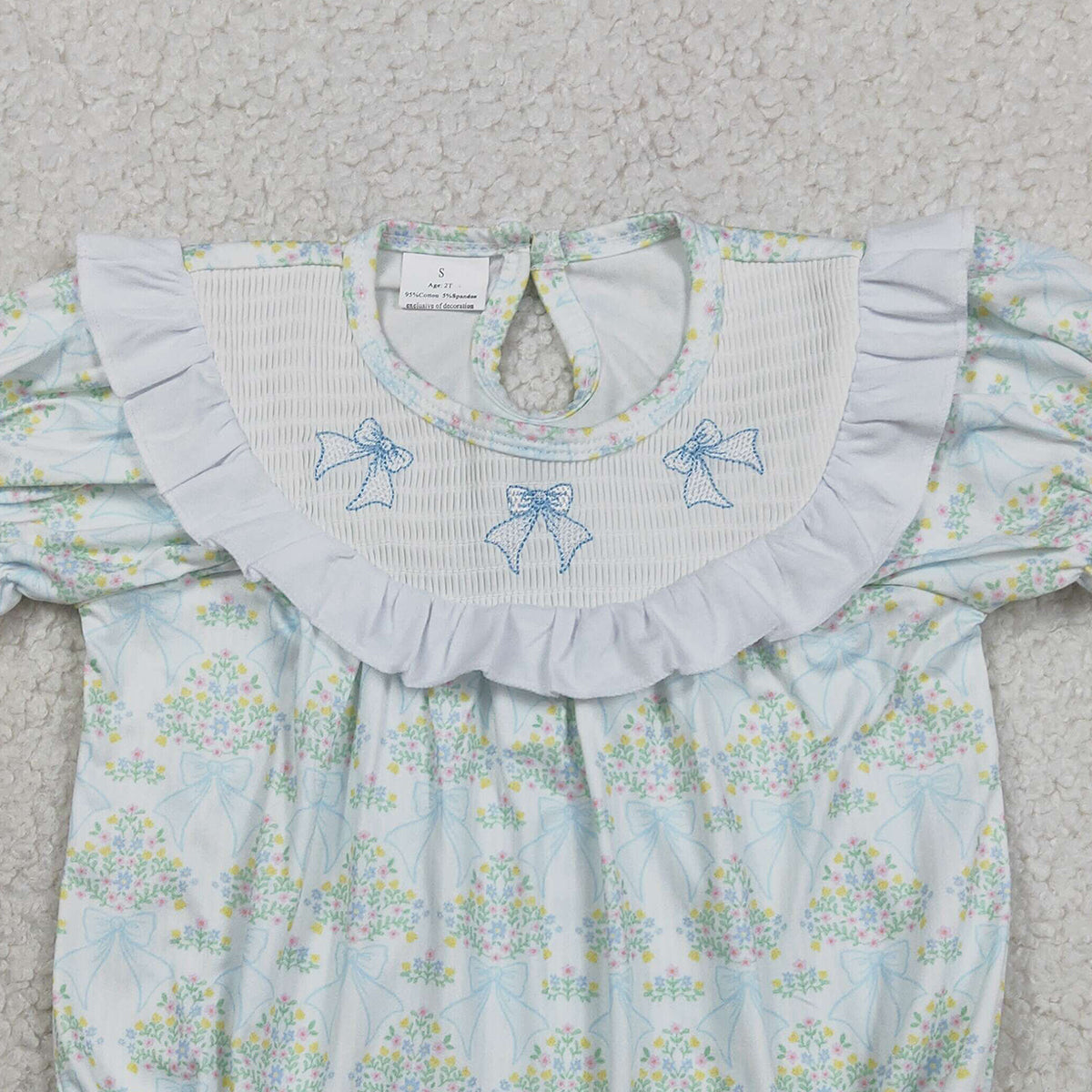 2.3 RTS NO MOQ （In stock）SR3487 Smocked Bows Baby Girls Flowers Checked Ruffle Rompers