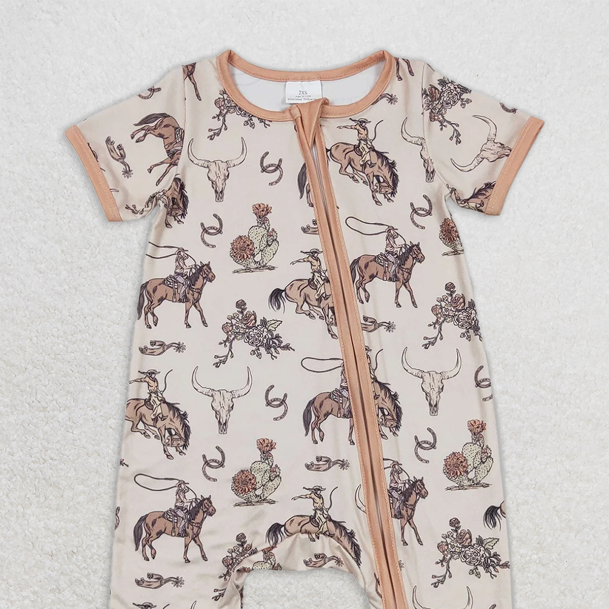 SR1220RTS NO MOQ Short sleeves rodeo bull skull baby western zipper romper