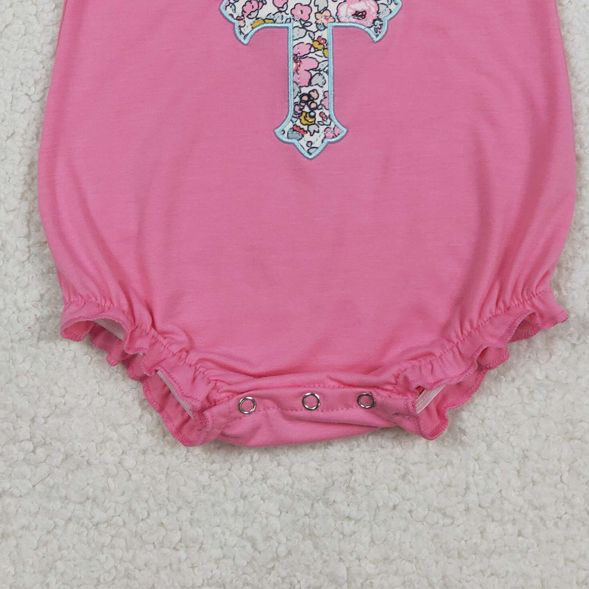 1.27 RTS NO MOQ （In stock）SR3845 Embroidery Floral Crosses Baby Girls Flutter Sleeve Easter Ruffle Rompers