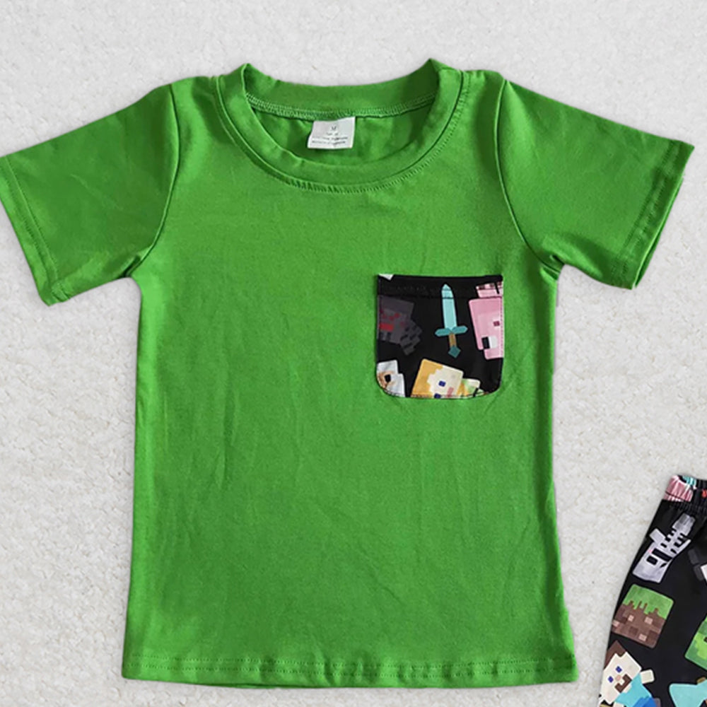 BSSO0078 RTS NO MOQ Baby Boys Summer Boys Outfits Baby boys cartoon green pocket shorts sets