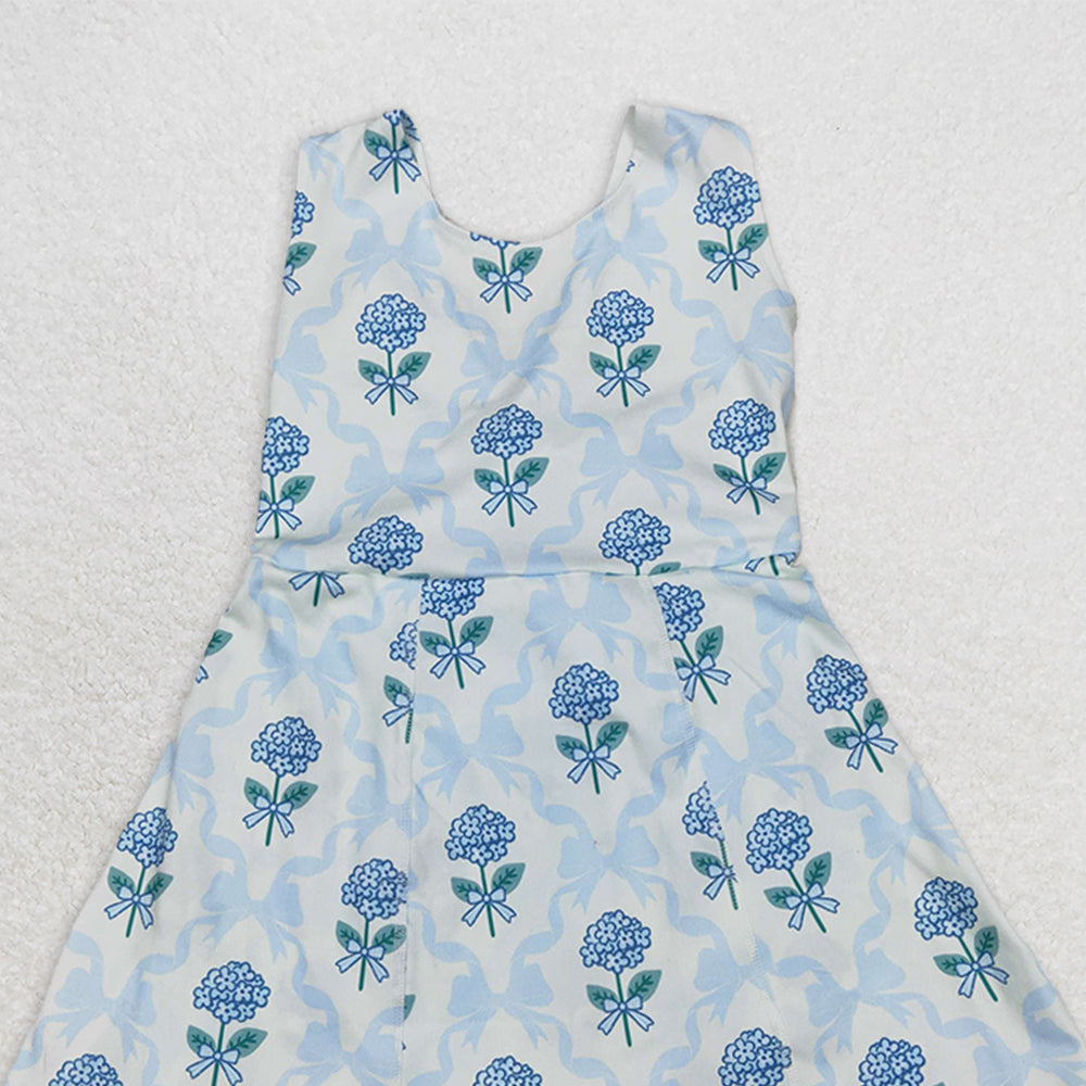 GSD1944RTS NO MOQ Baby Girls Summer Yoga Dress Light Blue Sleeveless Bow Floral Baby Girls Athletic Dresses - Soft Cotton Comfortable Fit for Active Kids