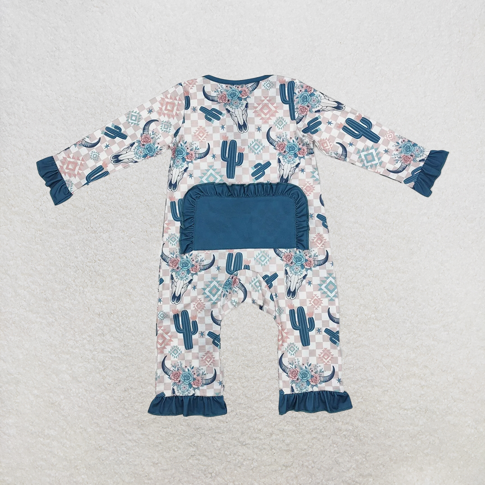 LR1446RTS NO MOQ Baby Girls Winter Rompers Plaid cactus bull skull floral baby girls zipper romper