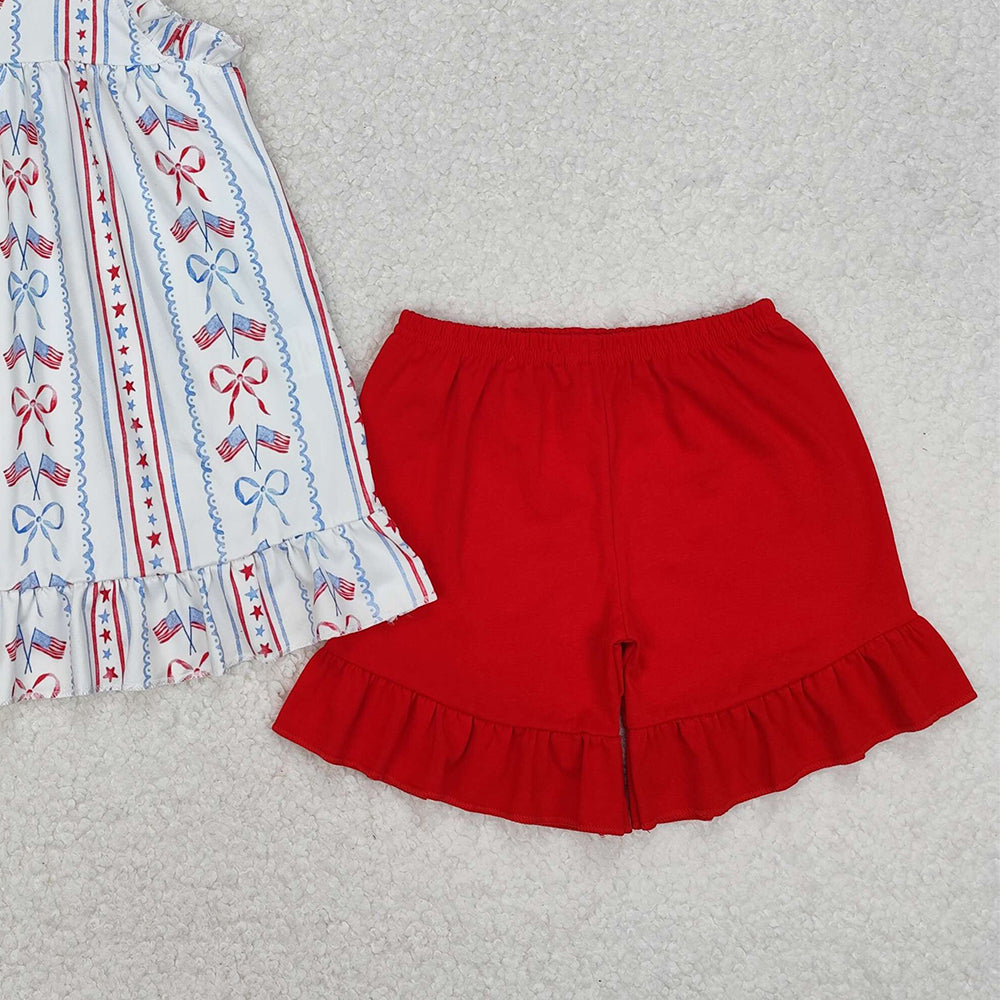 GSSO1786New Rts No Moq 8-9 Days By Air Arrived it Red straps flag bow tunic shorts girls 4th of july outfits