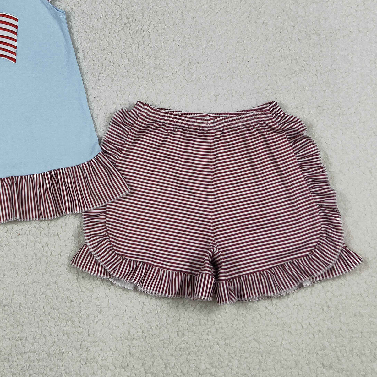 4.11 GSSO3278 RTS NO MOQ （In stock ）Flutter sleeves flag bow stripe shorts girls 4th of july outfit