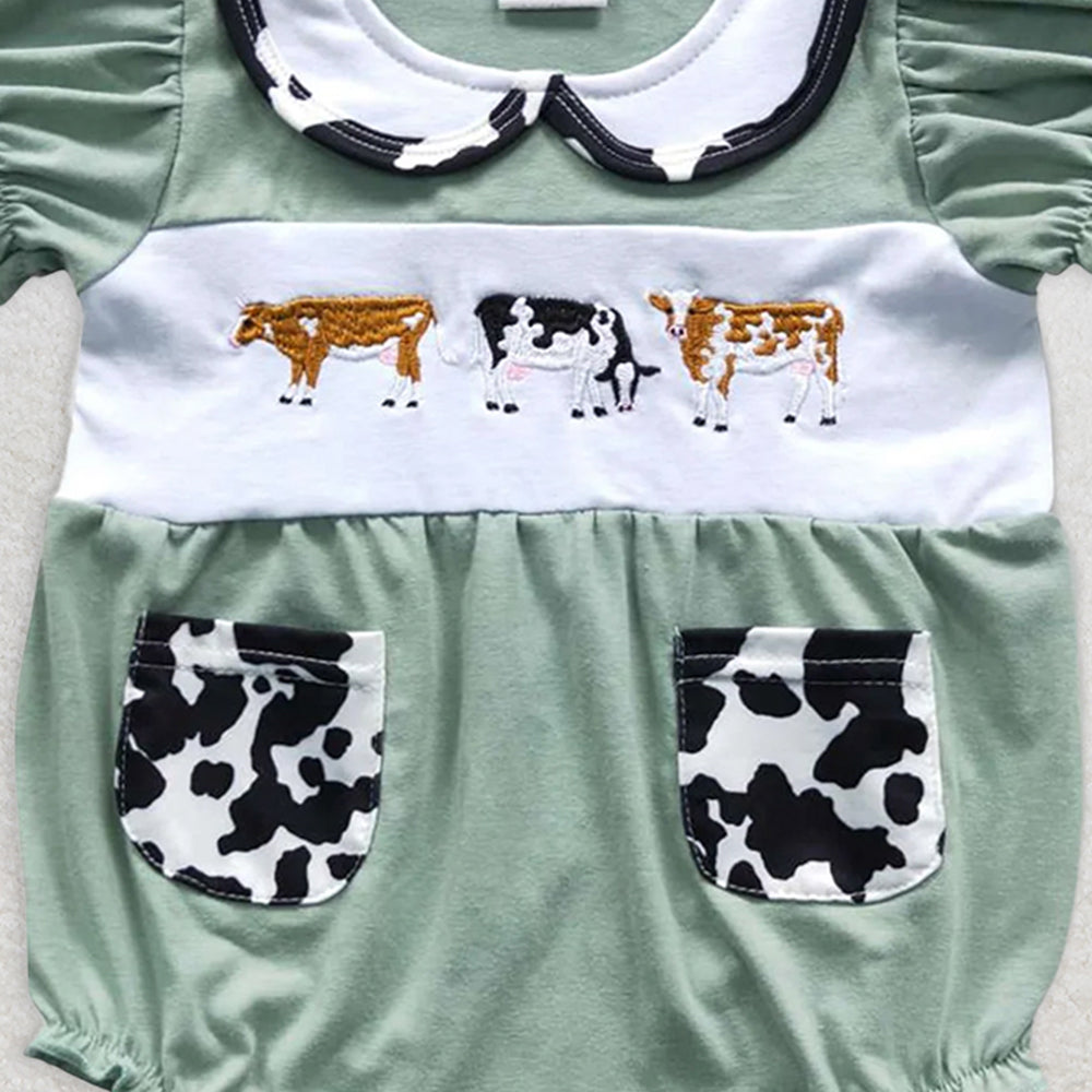 SR0373 RTS NO MOQ  Baby Girls Summer Rompers Baby Girls Cow Green Color Rompers